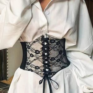 Romantic Black Lace Corset Style Waist Belt Stretch Snap Back Closure Size Small